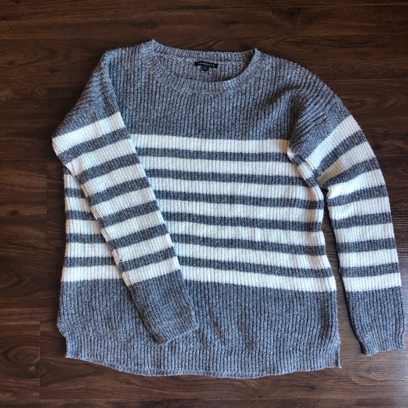 Staccato Sweaters - Grey and White Striped Knit Sweater